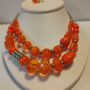 Women's  Oange Necklace & Earrings Set Statement Jewelry New 22 In
